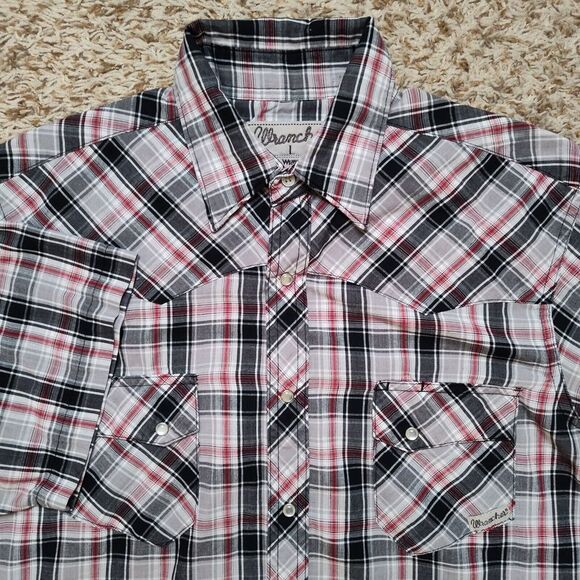 Wrangler Wrancher‎ Red Black Plaid Men Sz L Short Sleeve Pearl Snap Cowboy Shirt - Picture 1 of 8
